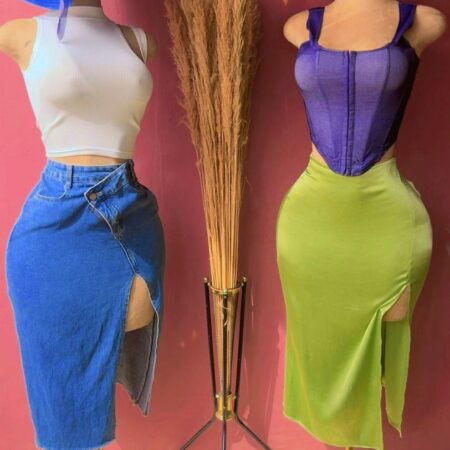 Ensemble haut court et jupe jean avec fente pour Femmes